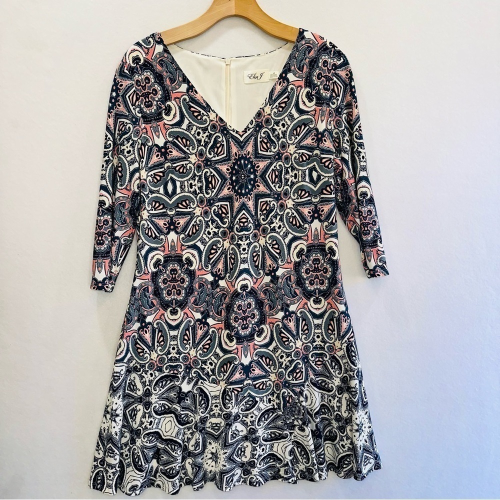 Eliza J Blue Pink Paisley Mosaic 3/4 Sleeve Stretch Jersey Shift Dress Office14P